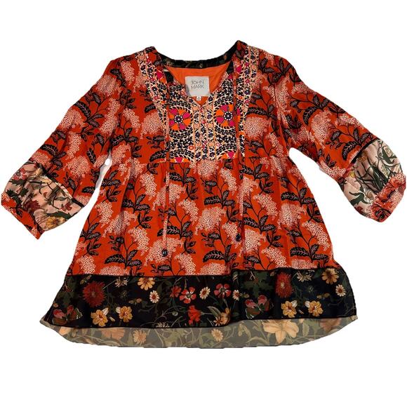 John Mark Blouse Size S Orange Artsy Boho Floral Mixed Print Tunic Top Flowy EUC - Picture 2 of 13